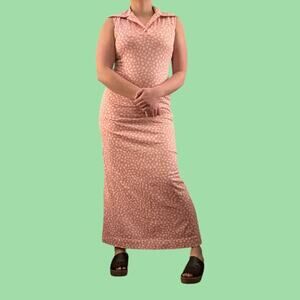 Vintage Womens Pink White Maxi Dress Collared Gold Button 60s Size Small